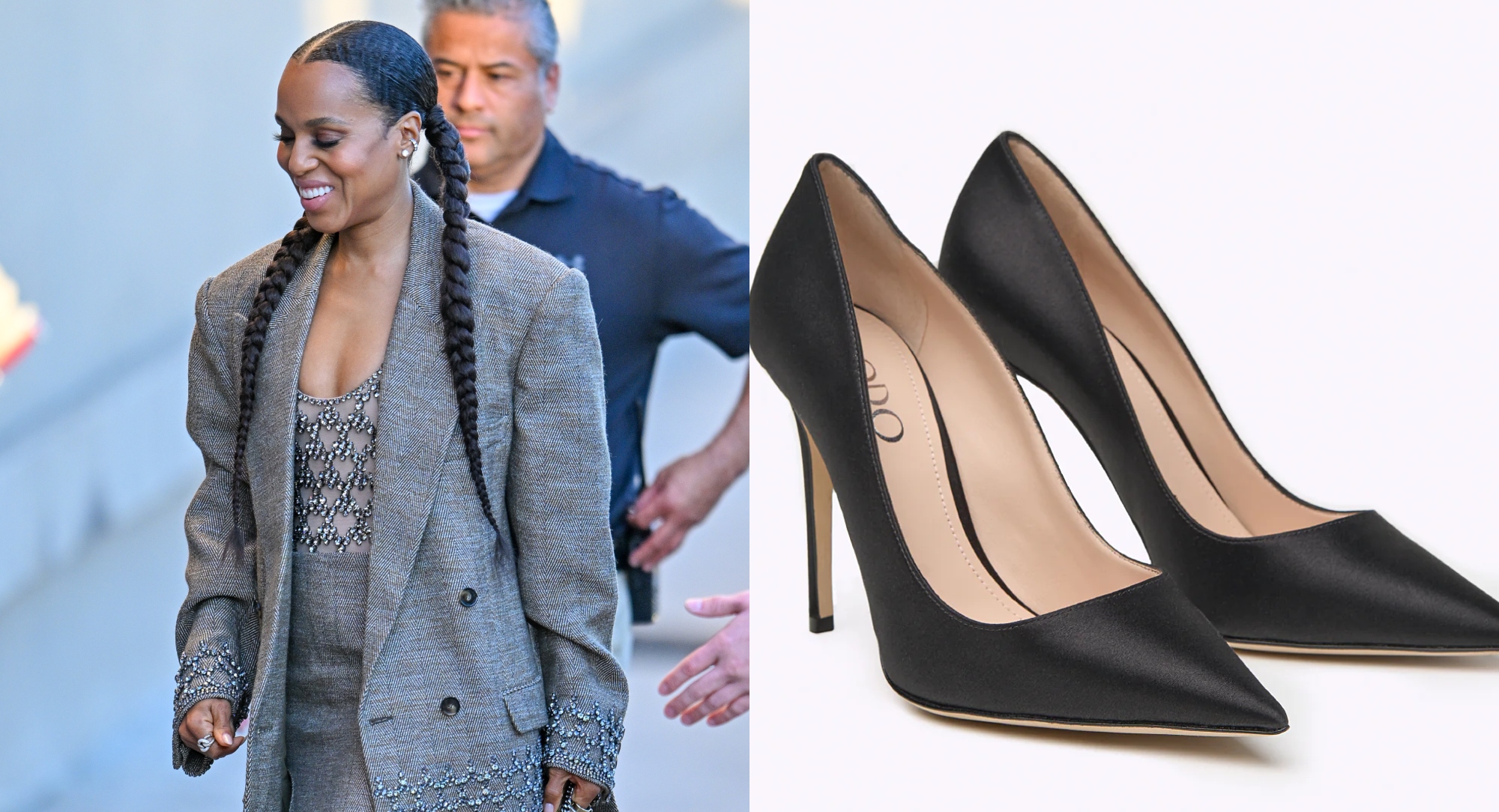 Kerry Washington Wears Oversized Suit and Rodo Pumps on Kimmel!  Footwear News [Video]